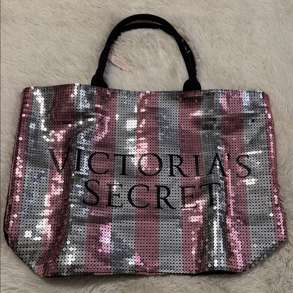 Victoria's Secret Pink and Silver Striped Sequin Tote